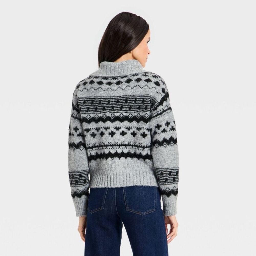 Women's Fairisle Henley Shawl Sweater - Universal Thread Dark Gray L - Picture 2 of 3
